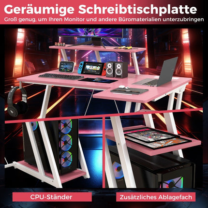 L-shaped gaming desk with power outlets &amp; USB ports with monitor shelf computer desk - pink