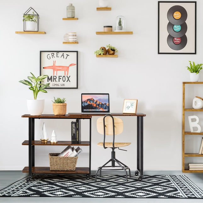 L-vormige bijzettafel met wielen en 2 planken 360° draaibare salontafel Rustiek bruin