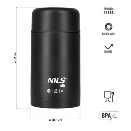 Lunch Thermos 1000ml, Black, Insulated Flask