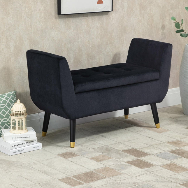Luxuriös gepolsterte schwarze Bank mit Stauraum – Samt, 107 cm