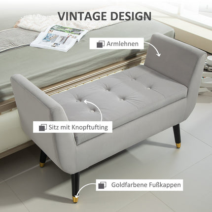 Luxe bank gestoffeerde bank met opbergruimte armleuningen borstbank fluweelachtig polyester rubber hout lichtgrijs 107 x 42 x 65 cm