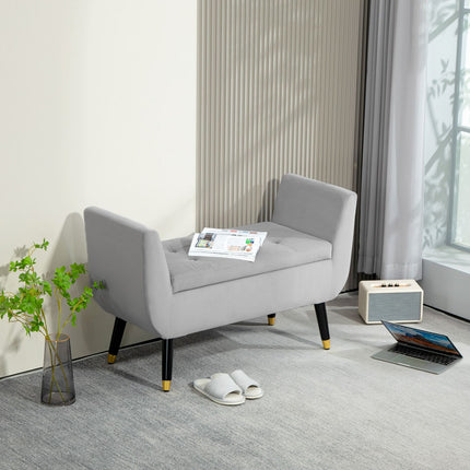 Luxe bank gestoffeerde bank met opbergruimte armleuningen borstbank fluweelachtig polyester rubber hout lichtgrijs 107 x 42 x 65 cm