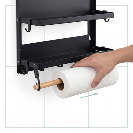 Magnetic Black Iron Spice Rack with Roll Holder and Hooks