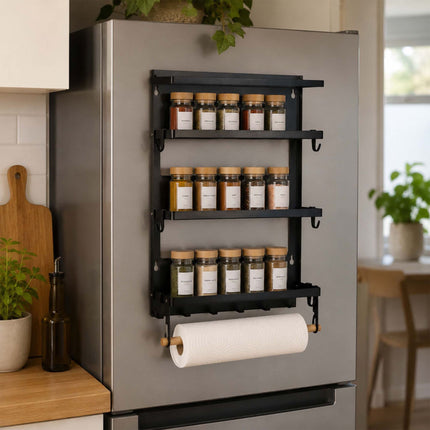 Magnetic Black Iron Spice Rack with Roll Holder and Hooks