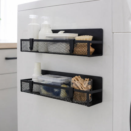 Magnetic Black Metal Spice Rack Set, 4 Shelves with Hooks