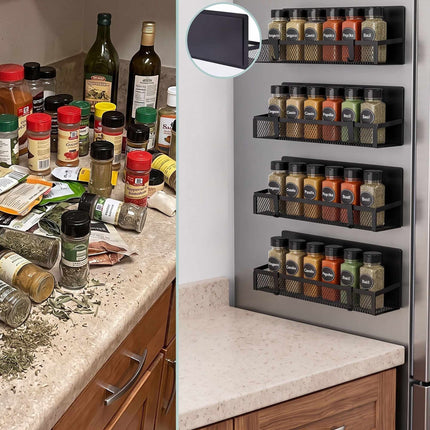 Magnetic Black Metal Spice Rack Set, 4 Shelves with Hooks