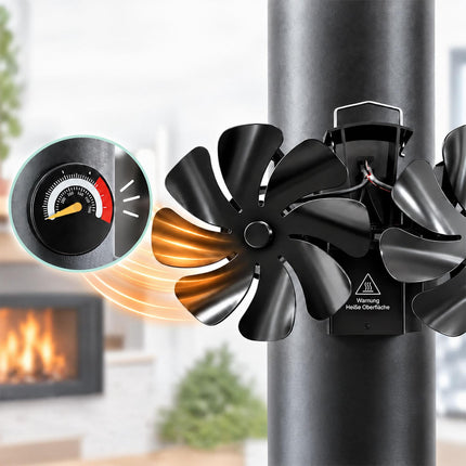 Magnetic Dual-Motor Stove Fan for Flue Pipes, 16 Blades, Thermometer Included