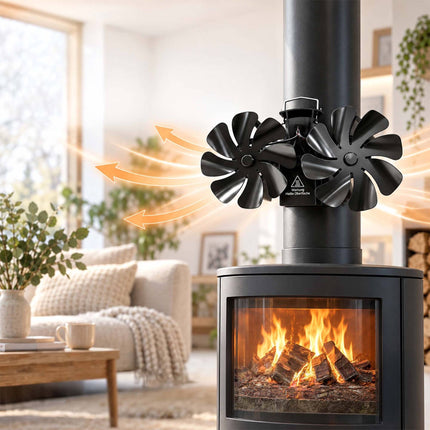 Magnetic Dual-Motor Stove Fan for Flue Pipes, 16 Blades, Thermometer Included