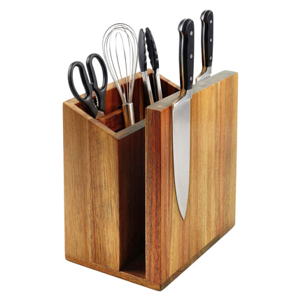 Magnetic Knife Block with Utensil Holder, Acacia Wood, Brown