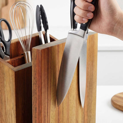 Magnetic Knife Block with Utensil Holder, Acacia Wood, Brown