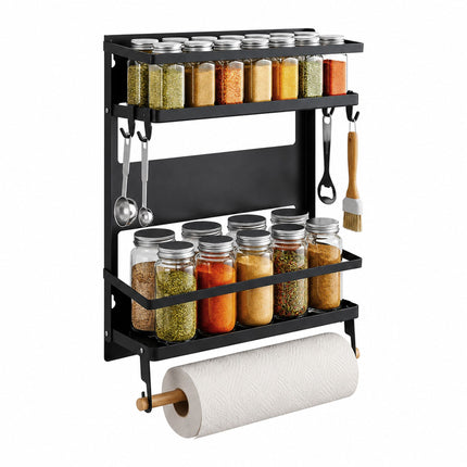 Magnetic Spice Rack with Roll Holder and Hooks – Black Iron