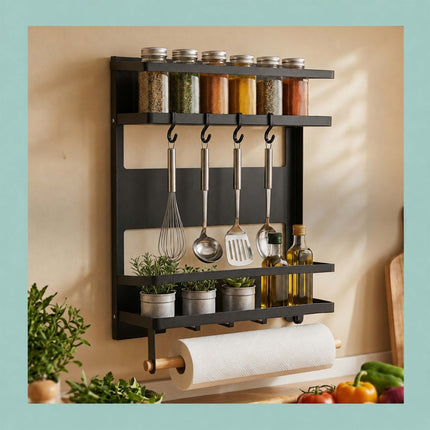 Magnetic Spice Rack with Roll Holder and Hooks – Black Iron