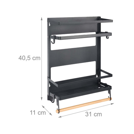 Magnetic Spice Rack with Roll Holder and Hooks – Black Iron