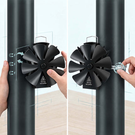 Magnetic Stove Pipe Fan with Clamp and Thermometer, 8 Blades, Black