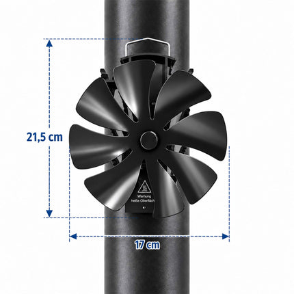 Magnetic Stove Pipe Fan with Clamp and Thermometer, 8 Blades, Black