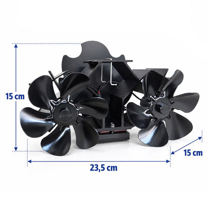 Magnetic Stove Pipe Fan with Twin Motor and 12 Blades, Black, Incl. Hose Clamp