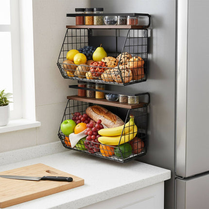 Magnetic Wall Fruit Basket Shelf, 2 Pcs with Hooks