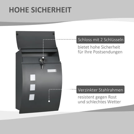 Abschließbarer Wandbriefkasten mit Klappe, Sichtfenster – Dunkelgrau