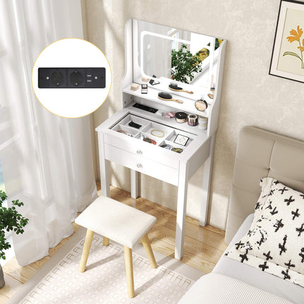 Makeup Vanity Table, LED Mirror, Outlets, Stool, Drawers