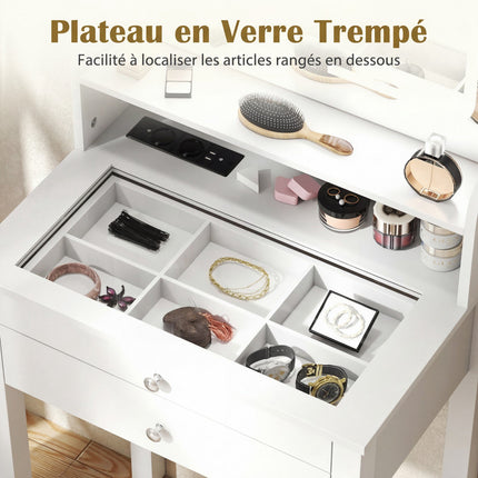 Makeup Vanity Table, LED Mirror, Outlets, Stool, Drawers