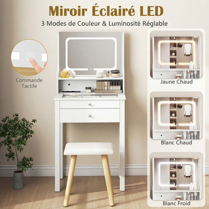 Makeup Vanity Table, LED Mirror, Outlets, Stool, Drawers