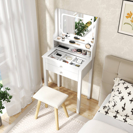 Makeup Vanity Table, LED Mirror, Outlets, Stool, Drawers