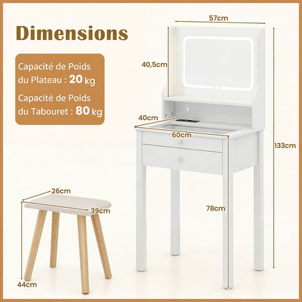 Makeup Vanity Table, LED Mirror, Outlets, Stool, Drawers