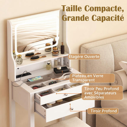 Makeup Vanity Table, LED Mirror, Outlets, Stool, Drawers