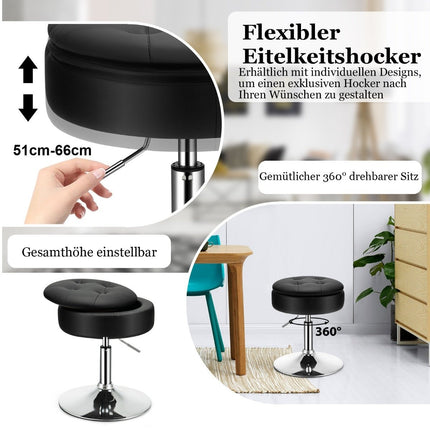 Schminkhocker mit Stauraum 360° drehbarer Hocker aus schwarzem Kunstleder
