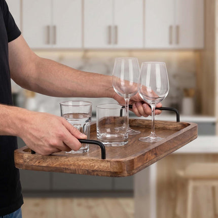 Mango Wood Serving Tray with Metal Handles, 50x25 cm