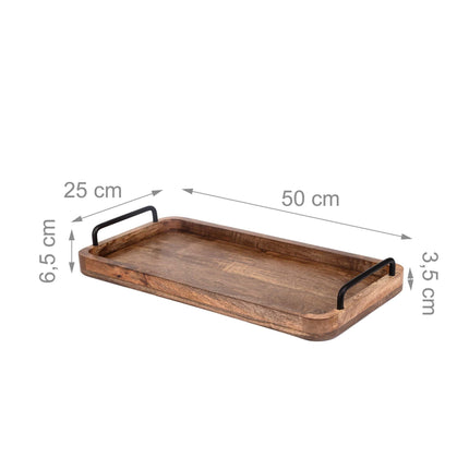 Mango Wood Serving Tray with Metal Handles, 50x25 cm