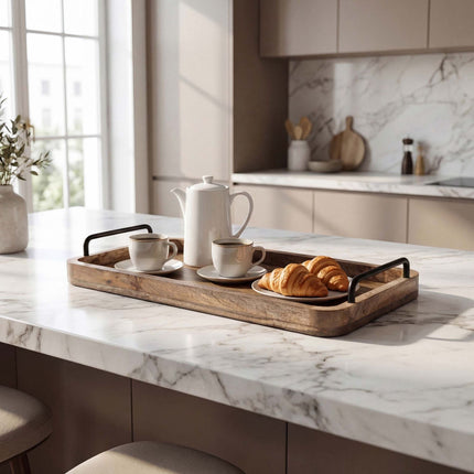 Mango Wood Serving Tray with Metal Handles, 50x25 cm