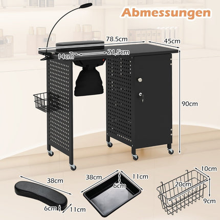 Manikürtisch mit Rollen, abschließbarem Stauraum und Ventilator