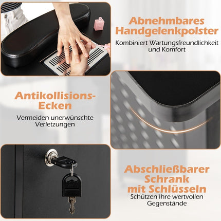 Manikürtisch mit Rollen, abschließbarem Stauraum und Ventilator