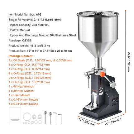 Manual Liquid Filling Machine, 5-50ml, 10L Hopper