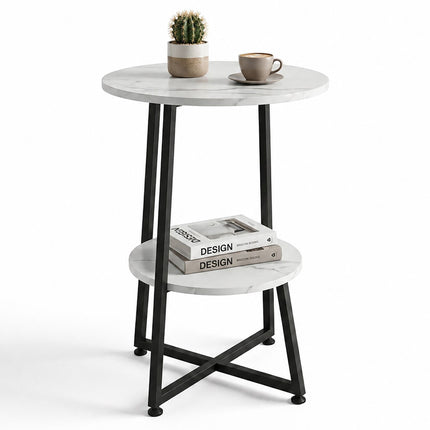 Marble-Effect Side Table with 2 Tiers and Cross Frame, Round, White, Black