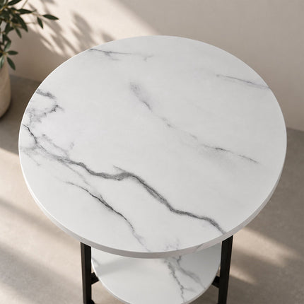 Marble-Effect Side Table with 2 Tiers and Cross Frame, Round, White, Black
