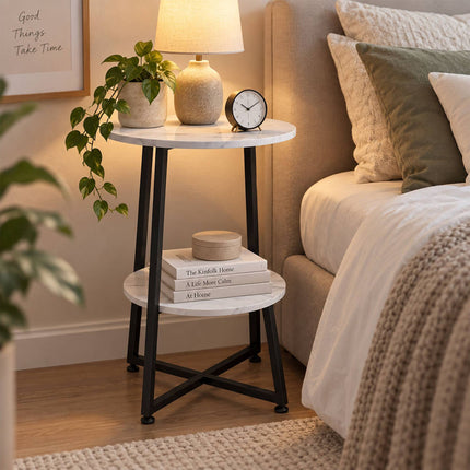 Marble-Effect Side Table with 2 Tiers and Cross Frame, Round, White, Black