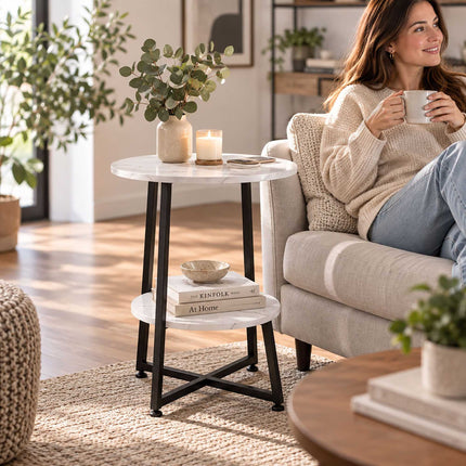 Marble-Effect Side Table with 2 Tiers and Cross Frame, Round, White, Black