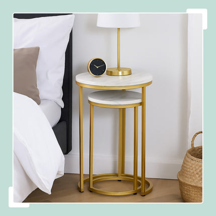 Marble Look Nesting Tables, Set of 2, Metal Legs
