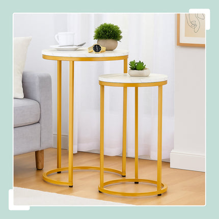 Marble Look Nesting Tables, Set of 2, Metal Legs