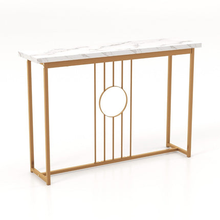 Marble look console table with metal frame & adjustable foot pads. Narrow side table