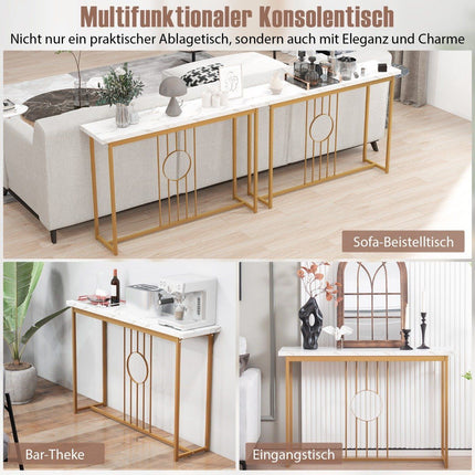 Marble look console table with metal frame & adjustable foot pads. Narrow side table