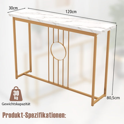 Marble look console table with metal frame & adjustable foot pads. Narrow side table