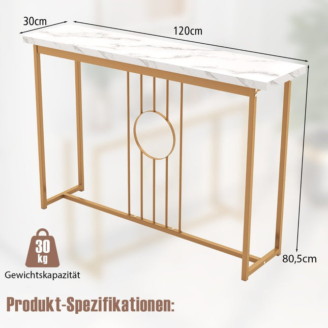 Konsolentisch in Marmoroptik mit Metallrahmen und verstellbaren Fußpolstern. Schmaler Beistelltisch