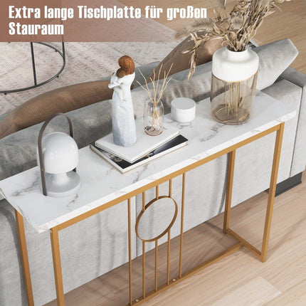 Marble look console table with metal frame & adjustable foot pads. Narrow side table