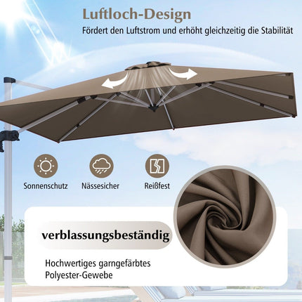Parasol de marché avec manivelle et rotation à 360° pour jardins et piscines 300 x 300 cm marron