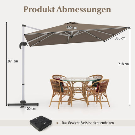 Parasol de marché avec manivelle et rotation à 360° pour jardins et piscines 300 x 300 cm marron