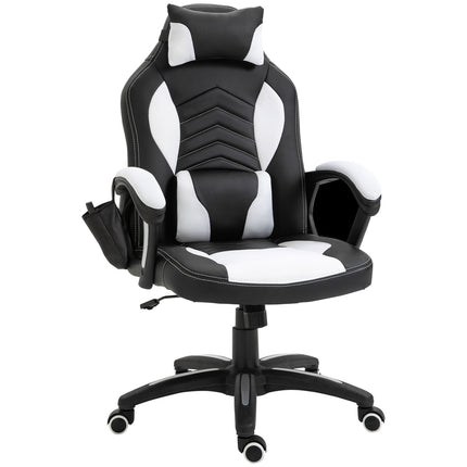 Massagestoel Gamingstoel Bureaustoel Met Warmtefunctie, 6 Trilpunten, Massagefunctie, Pu, Zwart + Wit, 68X69X108-117Cm