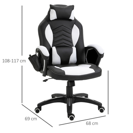 Massagestoel Gamingstoel Bureaustoel Met Warmtefunctie, 6 Trilpunten, Massagefunctie, Pu, Zwart + Wit, 68X69X108-117Cm